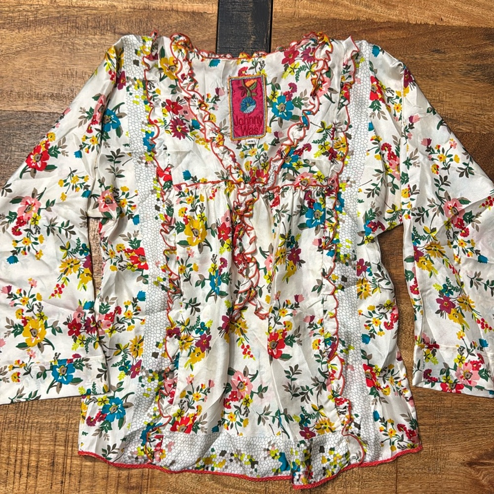 Johnny Was silk floral all over print multi color ruffle detail